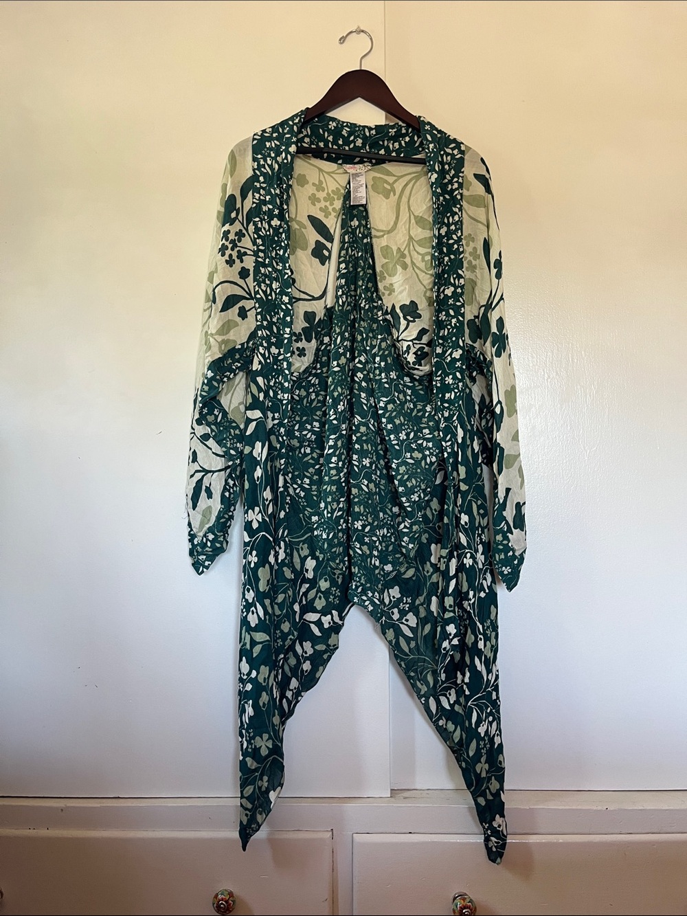Free People Teal and Cream Botanical Duster Kimono